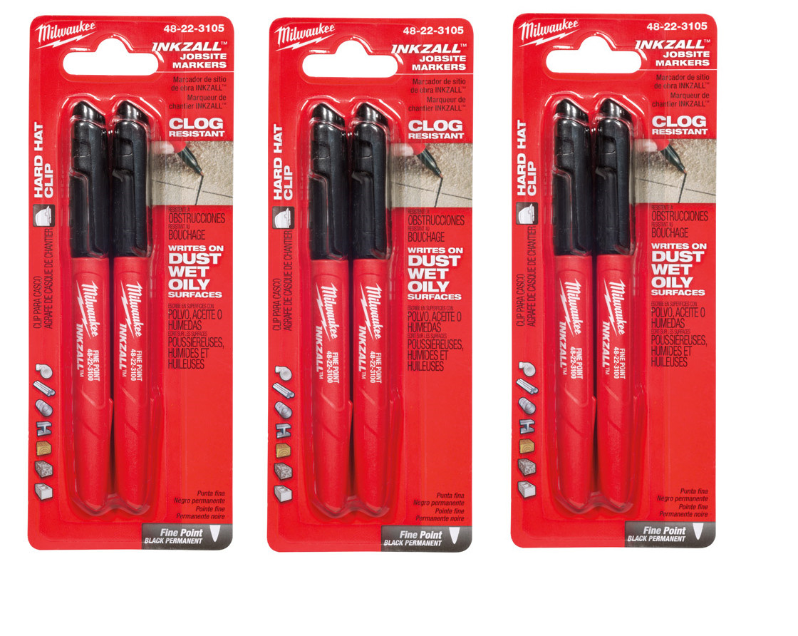 MILWAUKEE 48-22-3105 INKZALL BLACK MARKERS (3-PACKS) HARD HAT CLIP NEW FAST SHIP