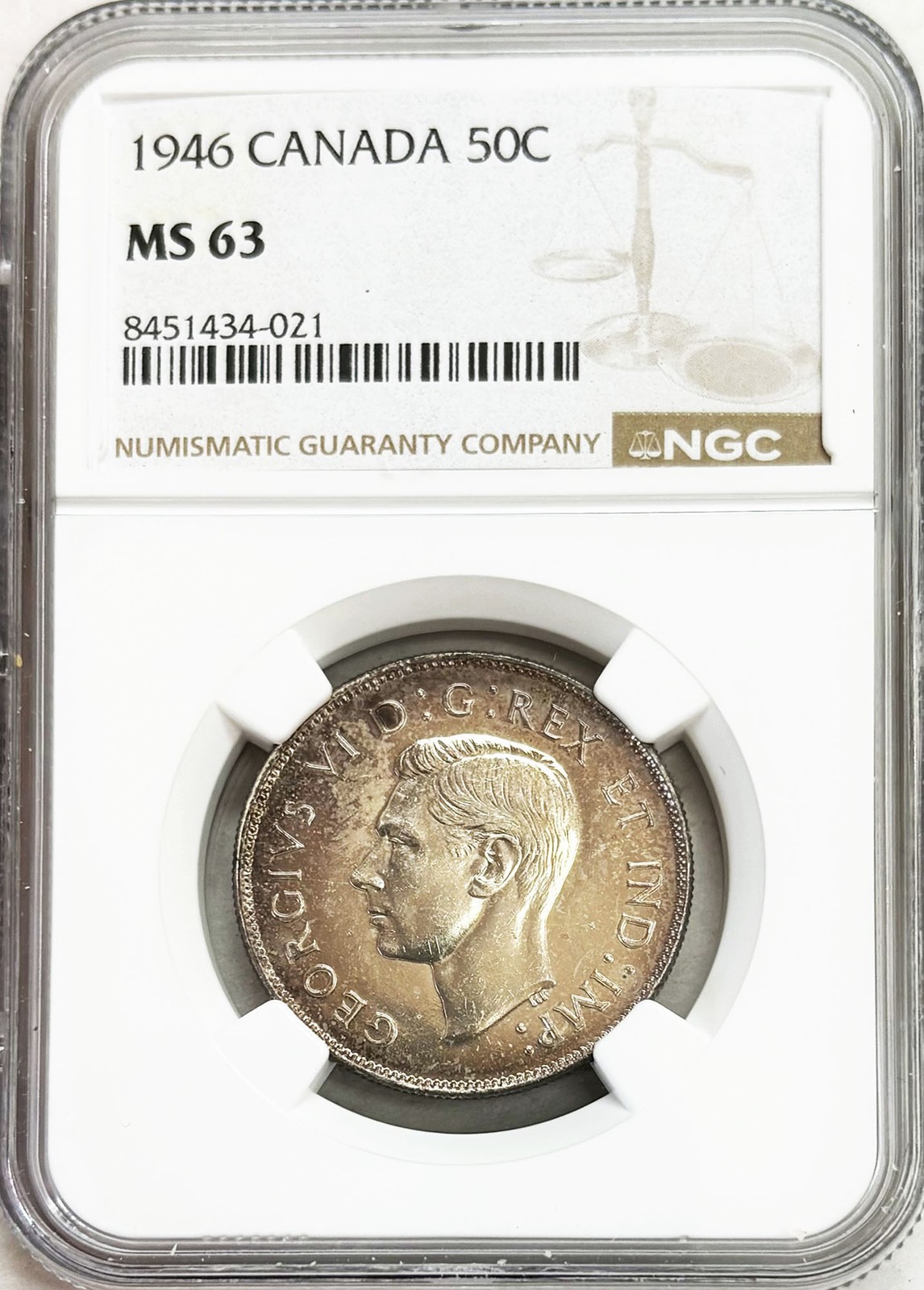 1946 SILVER CANADA 50 CENTS KING GEORGE VI COIN NGC MINT STATE 63