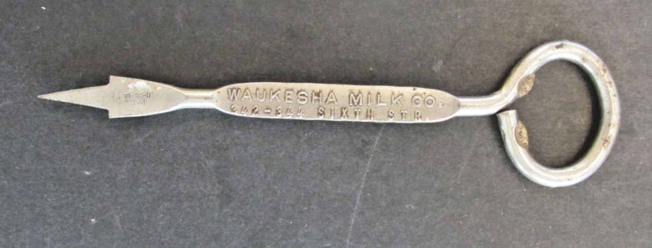 VTG Metal Bottle Can Opener Ice Pick Waukesha Dairy Company Ad