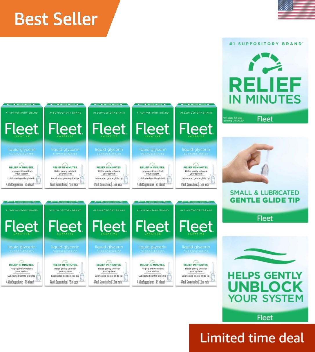 Liquid Glycerin Suppositories, 4 Count Pack of 10