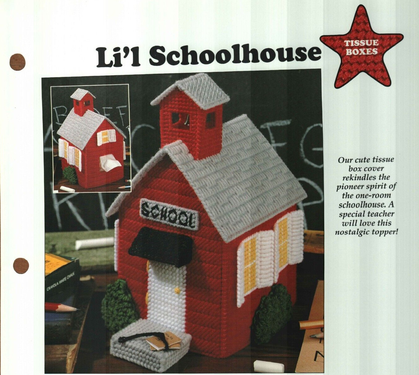 NEW LI'L SCHOOLHOUSE TISSUE COVER HOME DECOR PLASTIC CANVAS PATTERN INSTRUCTIONS