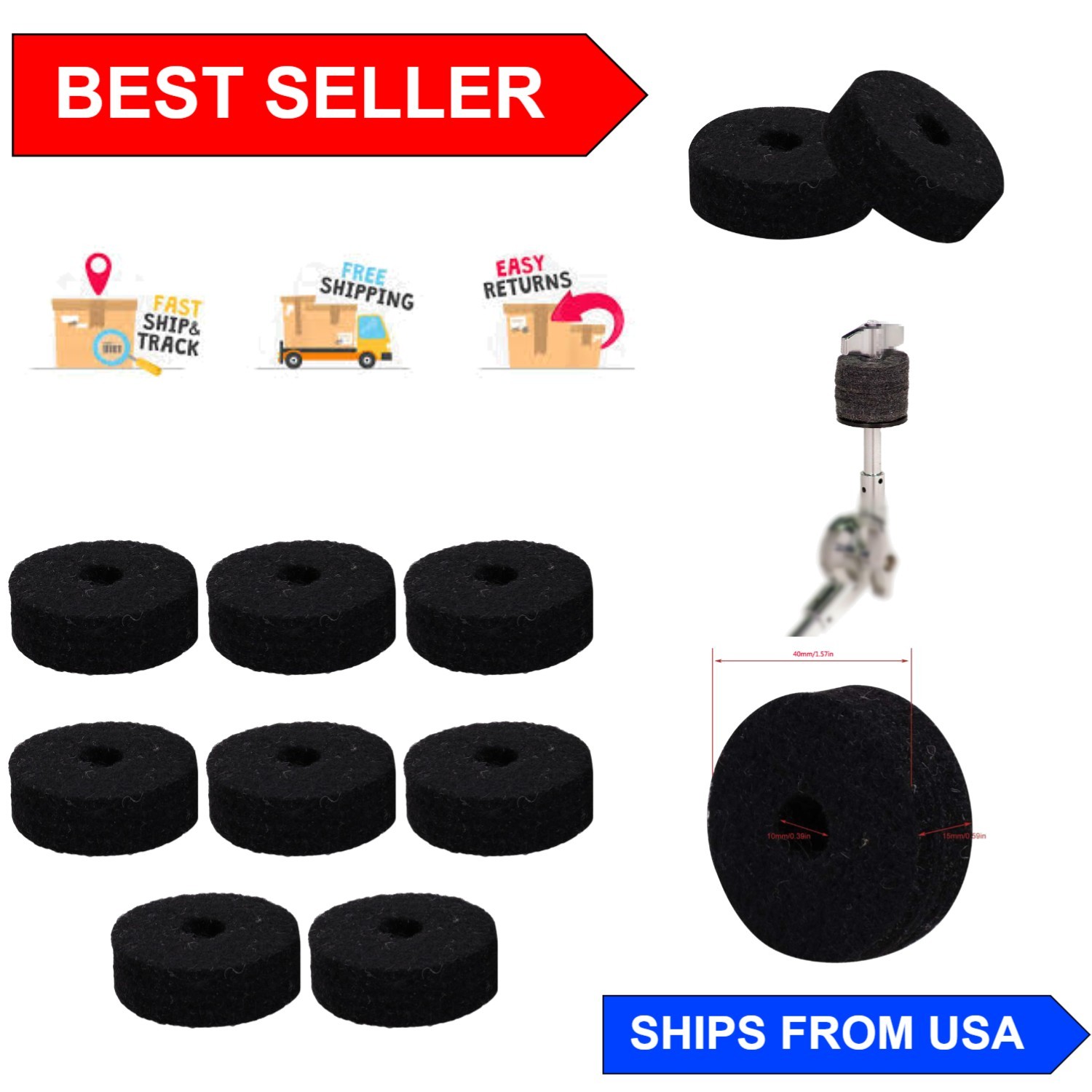 8-Pack Round Black Cymbal Stand Felt Washers for Superior Drum Performance