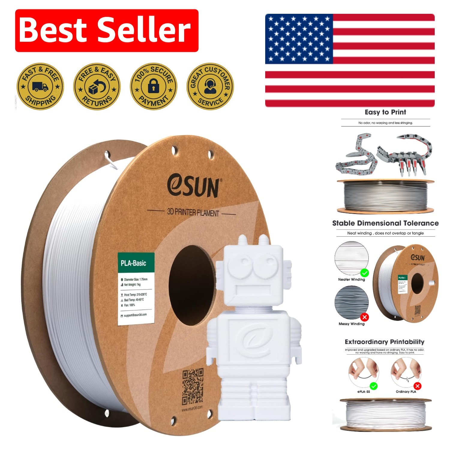 1.75mm Cold White PLA Filament, 1KG Spool - Superior Flow for High-Speed Prints