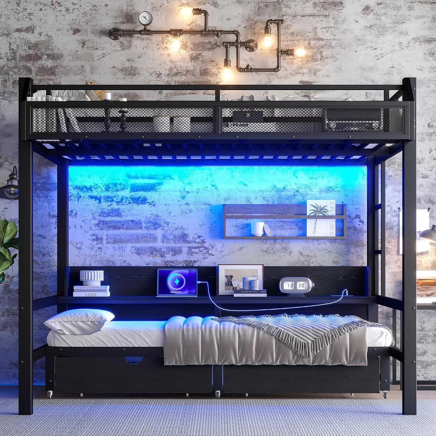 Queen over Queen Bunk Bed with Storage Shelves and Drawers, Metal Bedframe with
