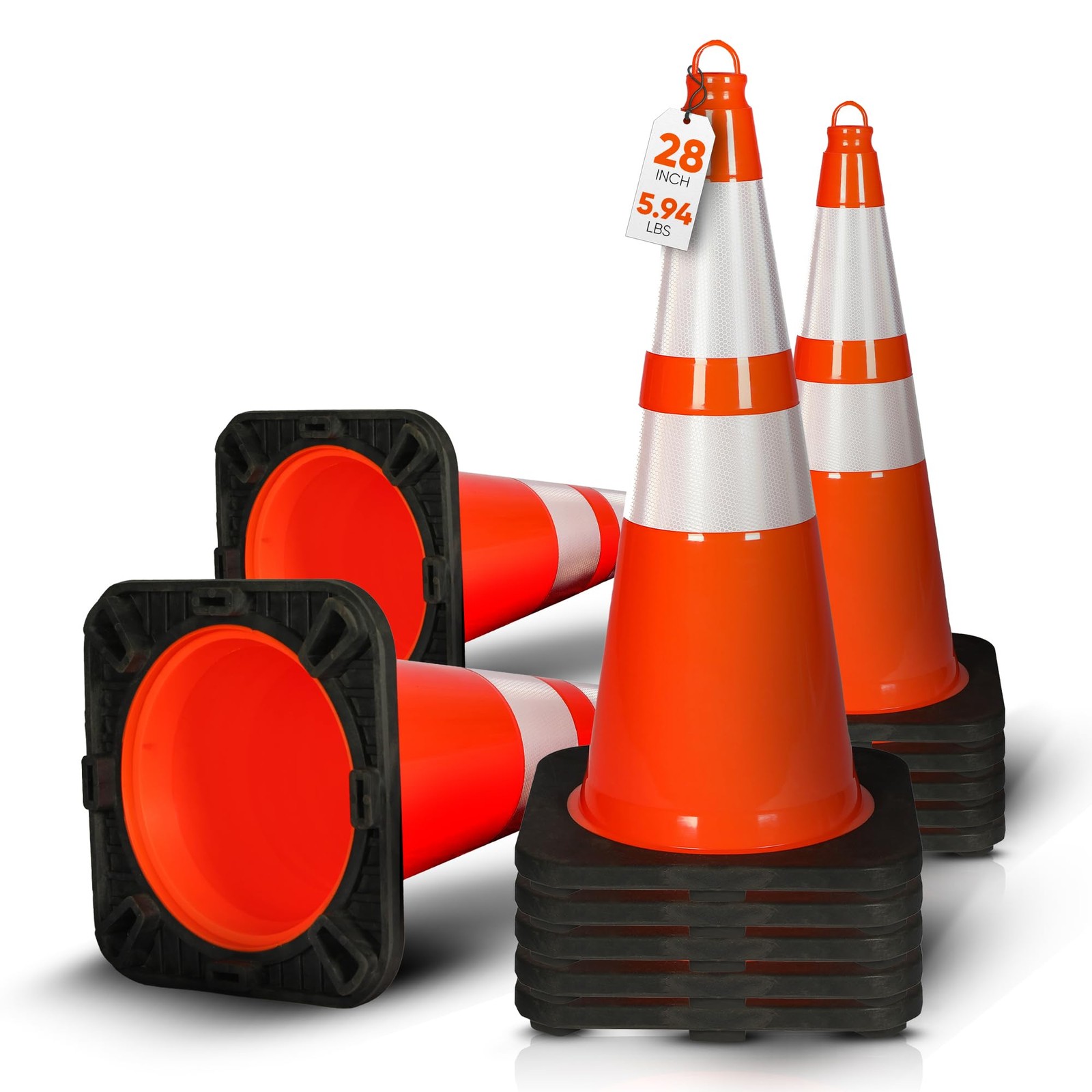 Pyle 28" Safety Traffic Cones, 12-Pack Orange Parking Cones w/Reflective Collars