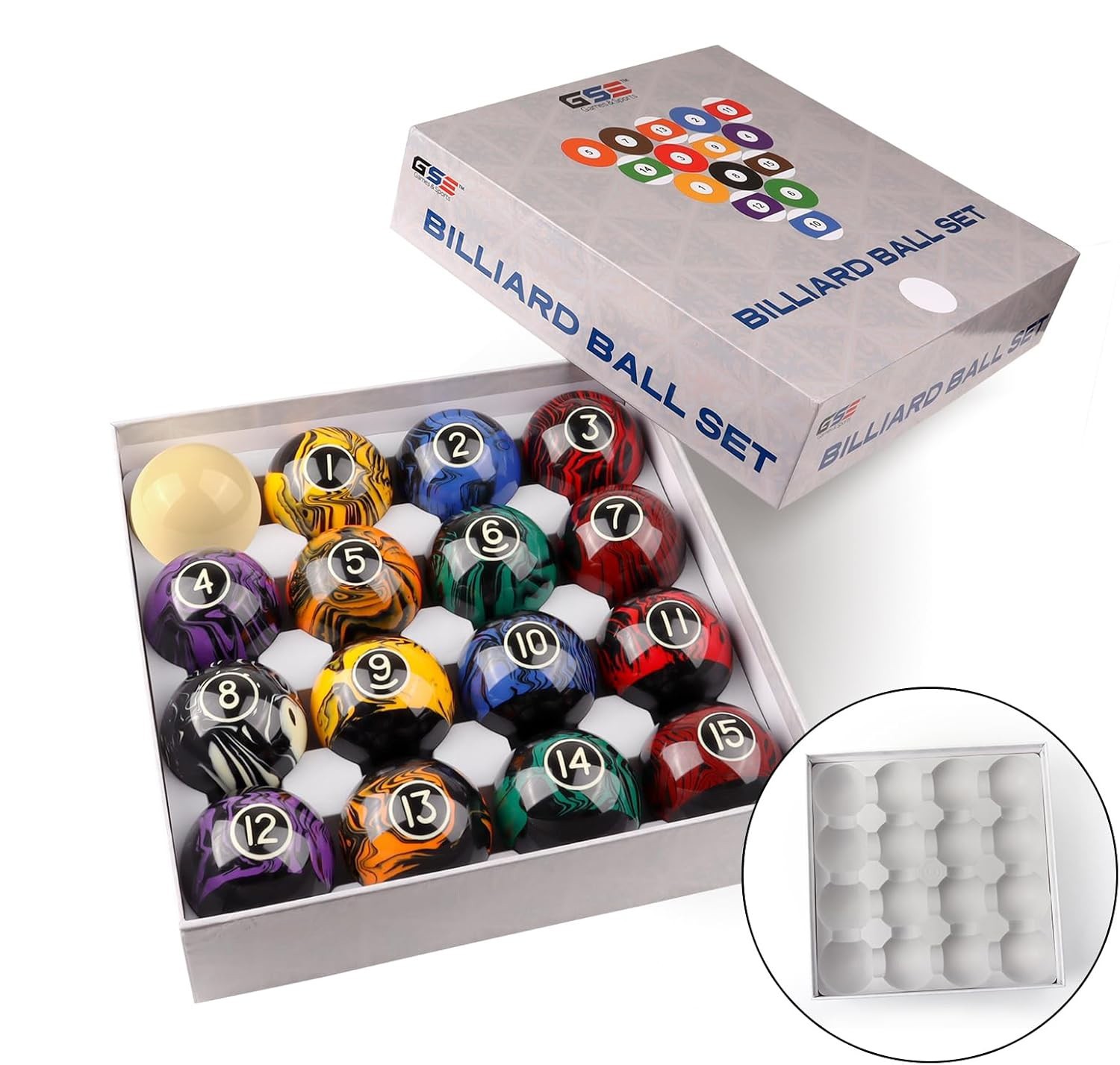 GSE2-1/4" Standard Regulation Size Black Marbelite Swirl Billiard Pool Balls Set