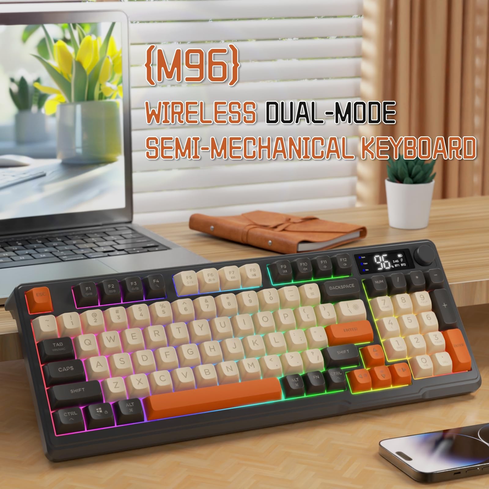 Wireless Gaming Keyboard with RGB Backlight, Bluetooth/2.4G, 94 Keys