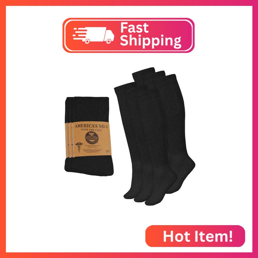 Diamond Star 6 Pairs Diabetic Knee High Socks for Men – Over the Calf Cotton Soc