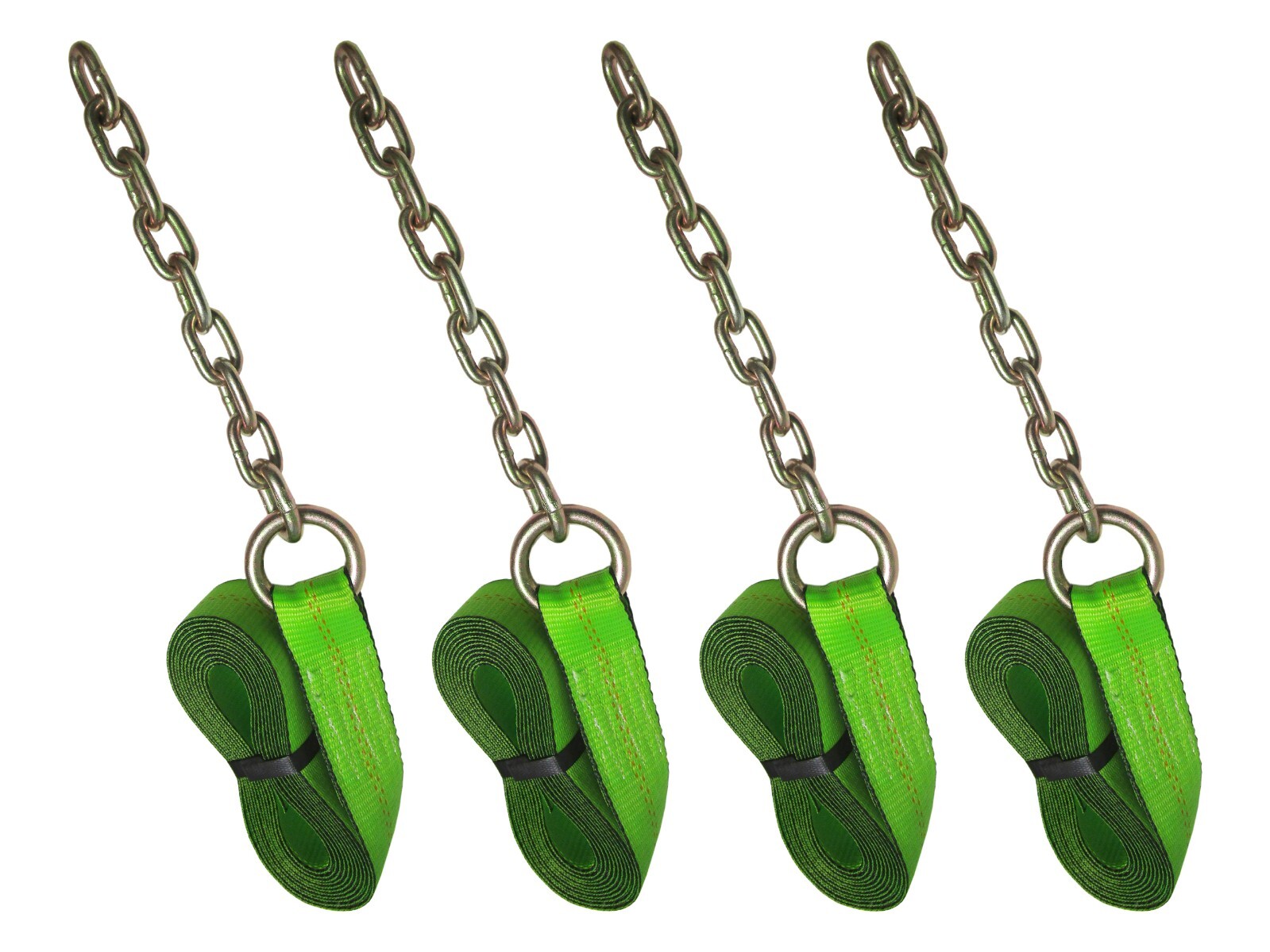 4 Pack 2" x 16' Green Tie Down Straps w/ G70 Chain Ends WLL 3,335 lbs