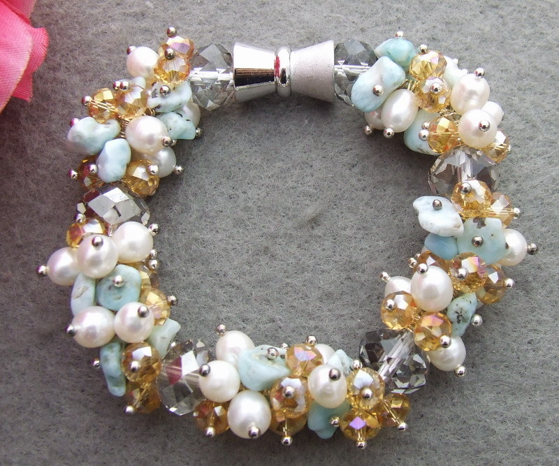 natural blue Larimar Chip White Pearl Crystal Bracelet 8" mangnet clasp