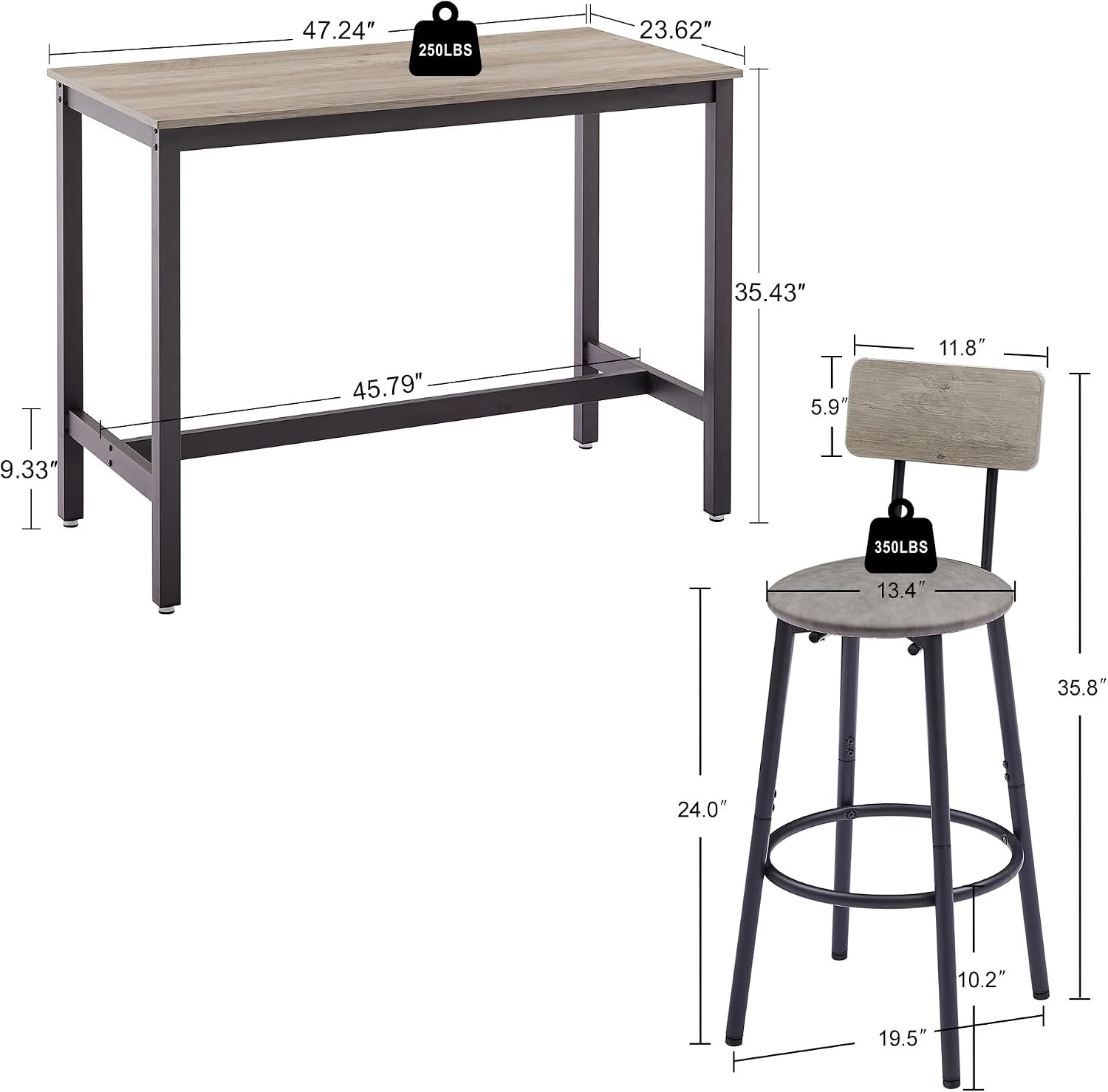 5 Piece Bar Table Set with 4 Bar Stools, Industrial Counter Height Pub Table Set