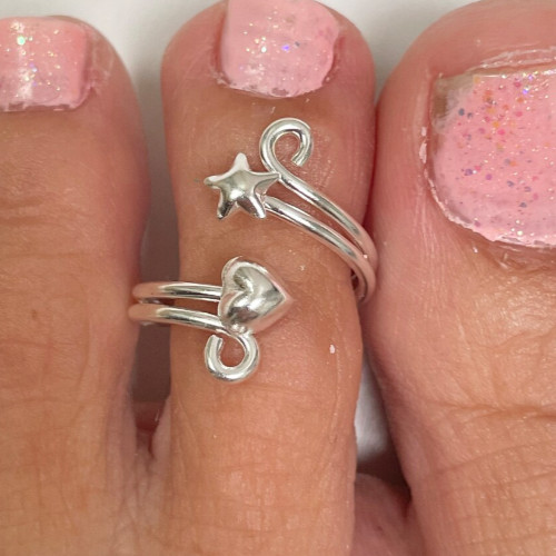 Gift For Women's Solid Metal Adjustable Star And Heart Toe Ring 925 Silver