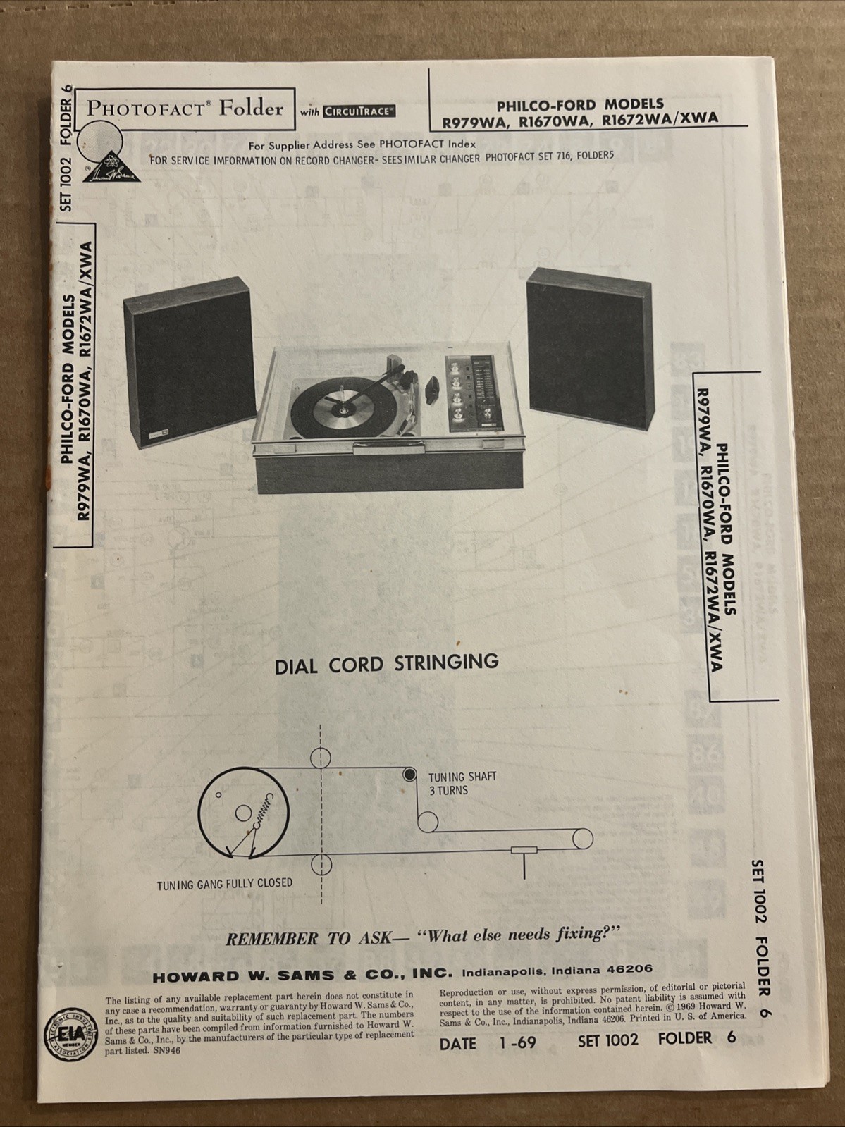 Vintage Sams Photofact Schematic 1-1969 PHILCO-FORD MODELS R979WA, R1670WA