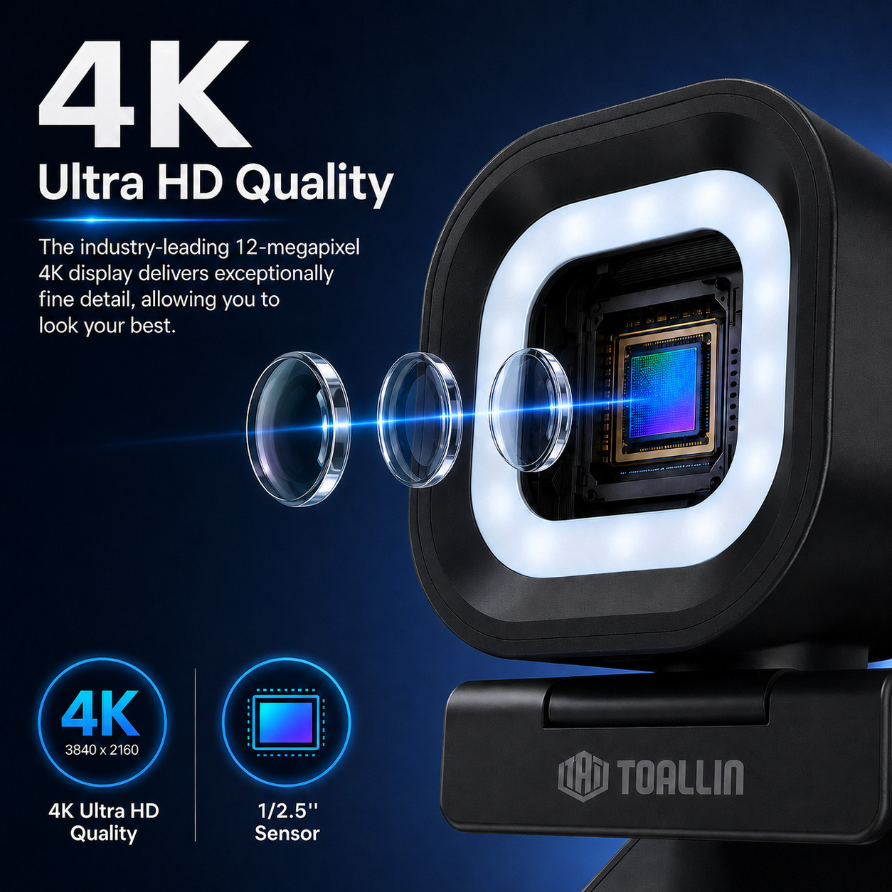 TOALLIN 4K UHD PDAF Webcam 5-level adjust Ring Light,Plug & Play,USB Connection