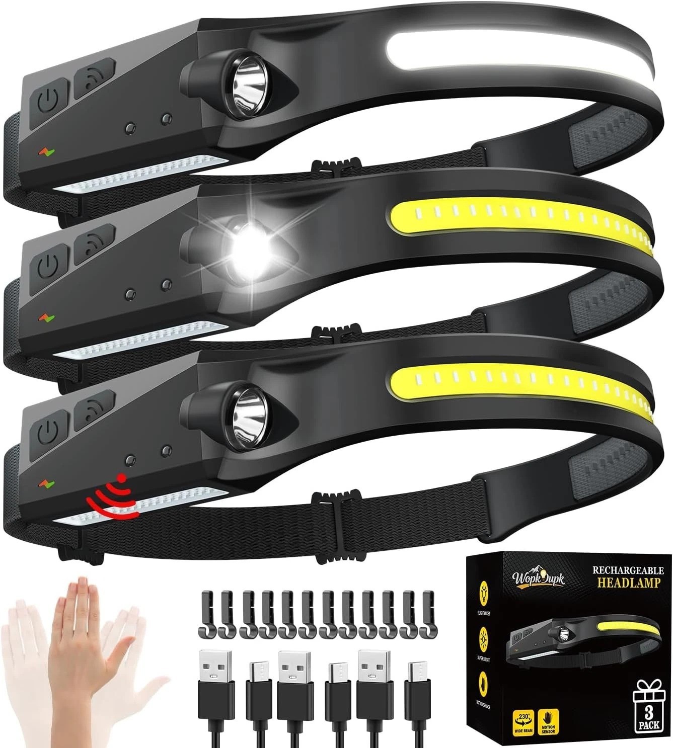 Rechargeable Headlamp 3PCS, 230° LED Head Lamp, Head Lights for Forehead | Mo...