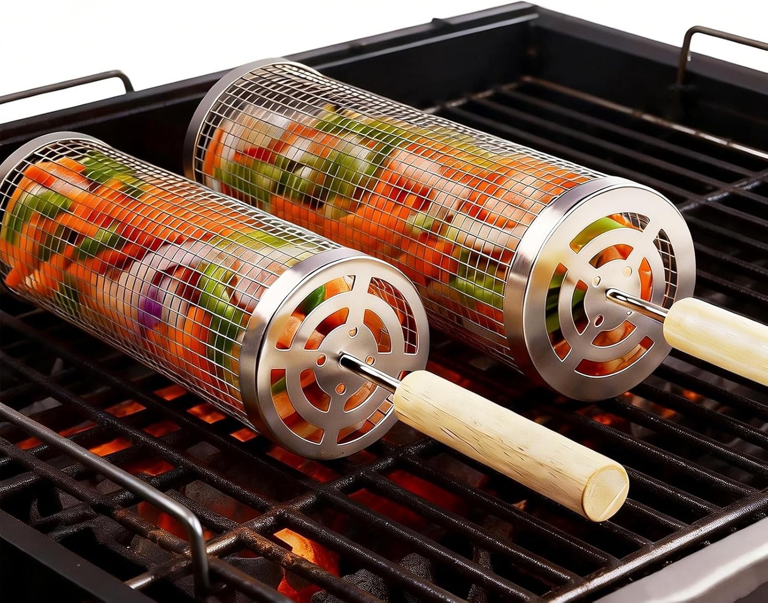 Rolling Grill Basket 2-Pack, Premium 304 Stainless Steel, Removable Wooden Handl