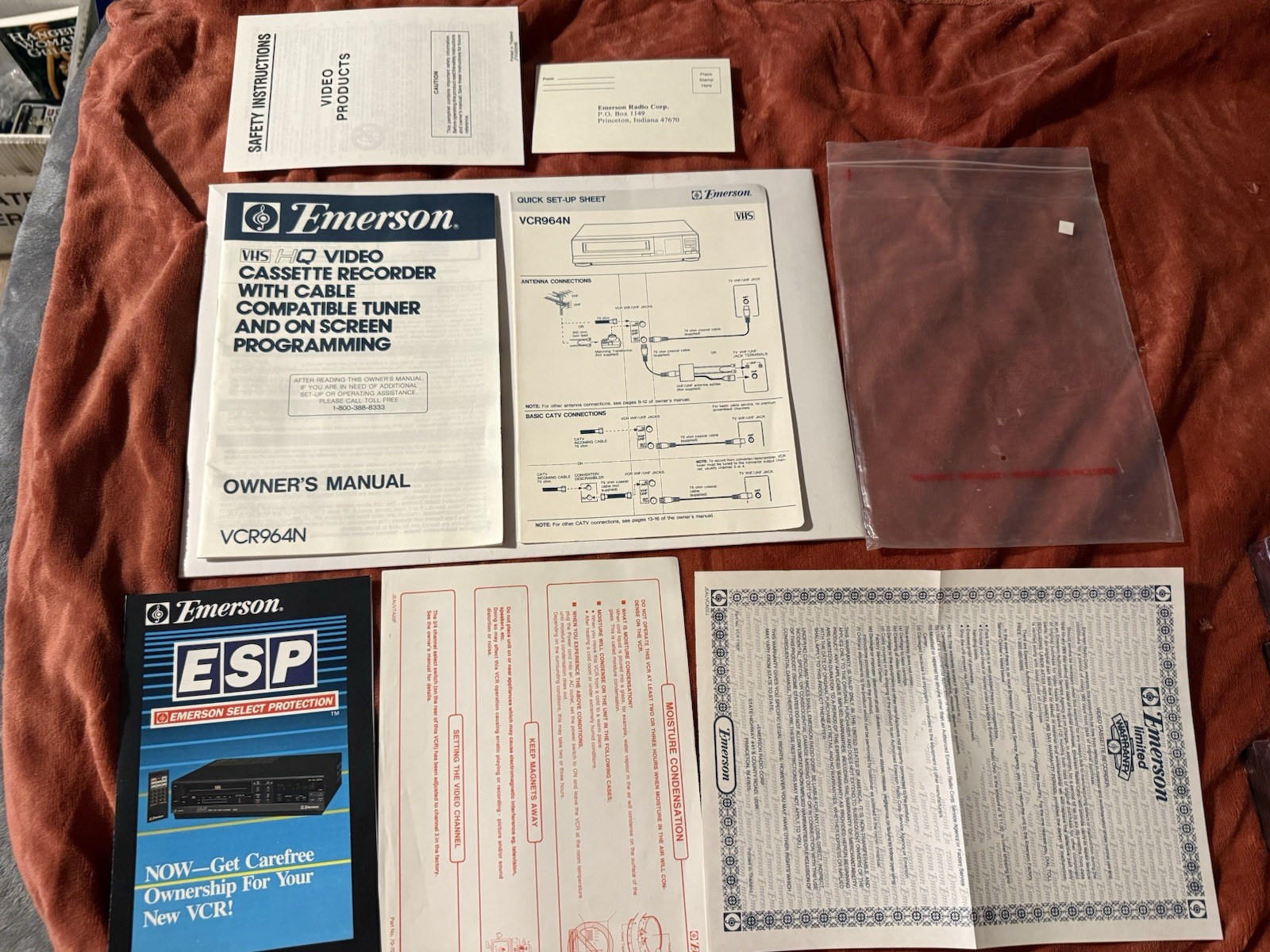 Emerson VCR964N Owners Manual Set Up Sheet And All Inserts