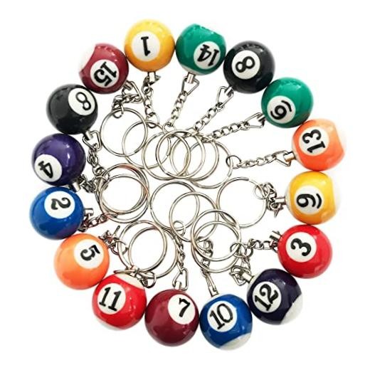 Colorful Billiard Ball 16 Pcs,Mini Key Chain Balls Eightball Billar Chains