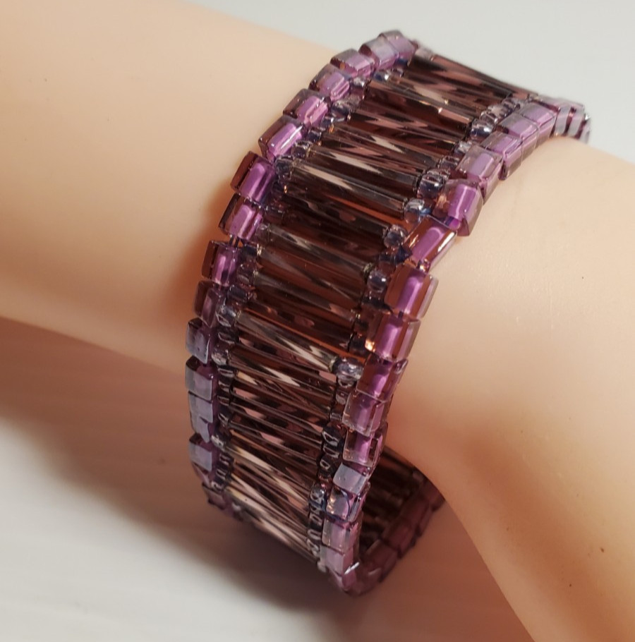 Handcrafted United States Purple Art Glass Wide Bead Filigree Clasp 7" Bracelet