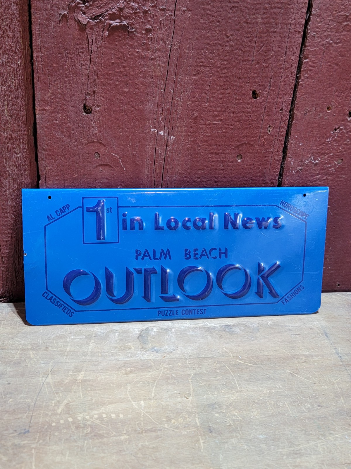 VINTAGE PALM BEACH OUTLOOK NEWSPAPER SIGN DISPLAY RACK TOPPER SCIOTO SIGN CO