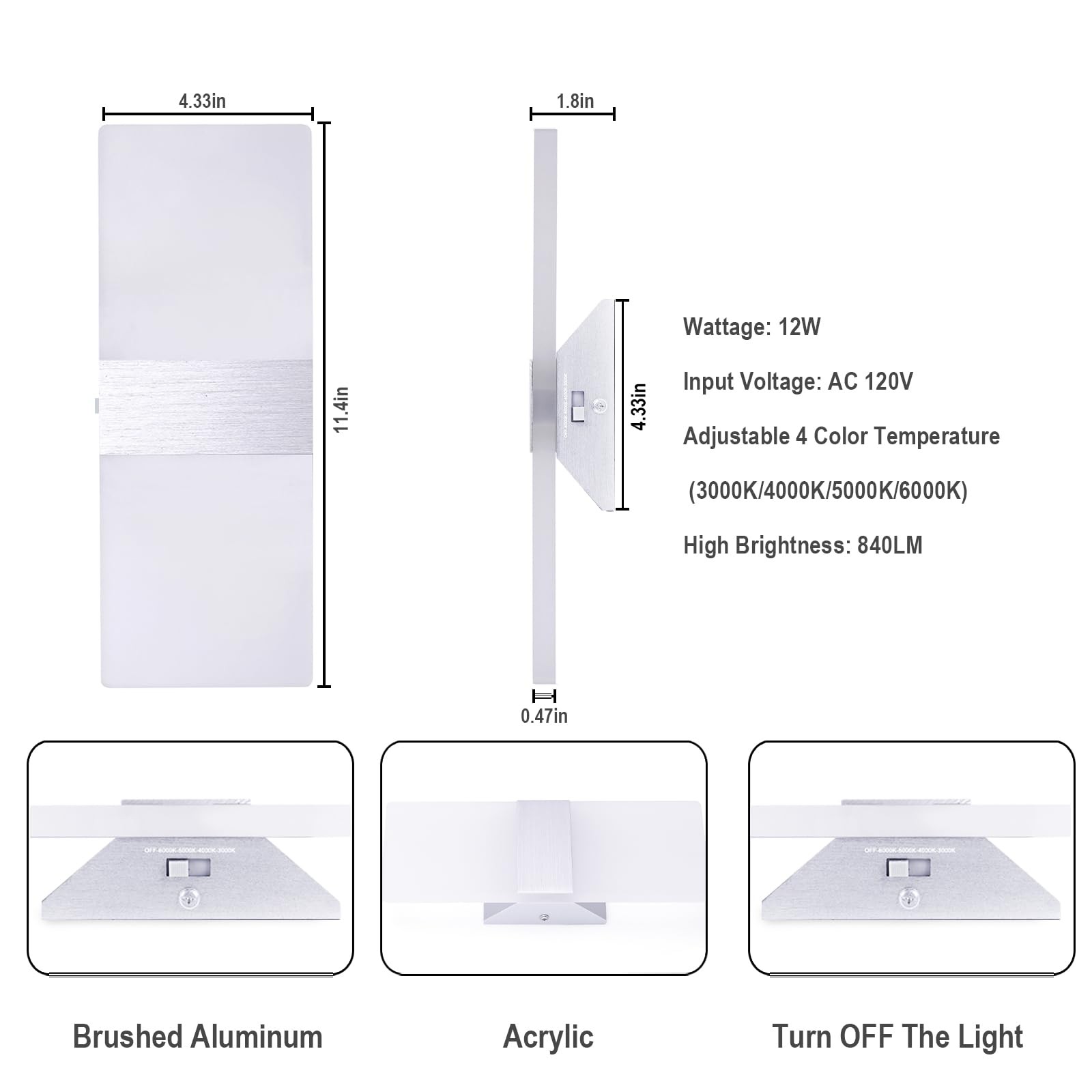 Dimmable LED Wall Sconces, 4 Color Temperature 12W Modern Wall Sconce Wall Mo...