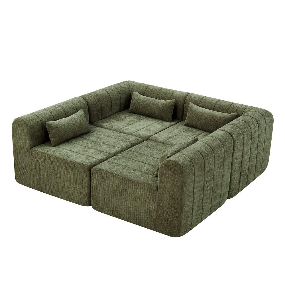 145.5" Modular Sectional Sofa w/4 Pieces, Green Polyester Fabric