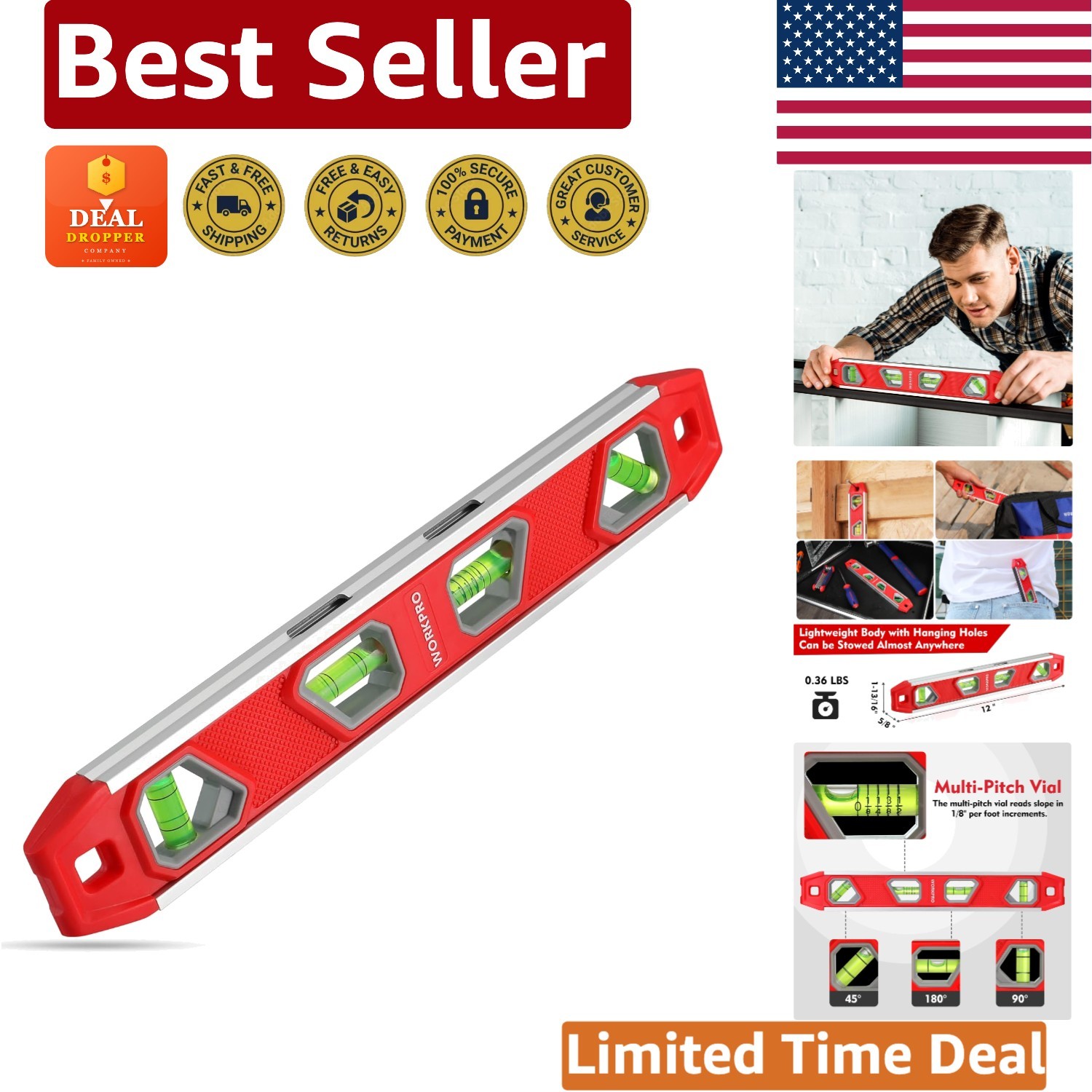 12-Inch Magnetic Torpedo Level Tool with 4 Bubbles for Precision Measurement