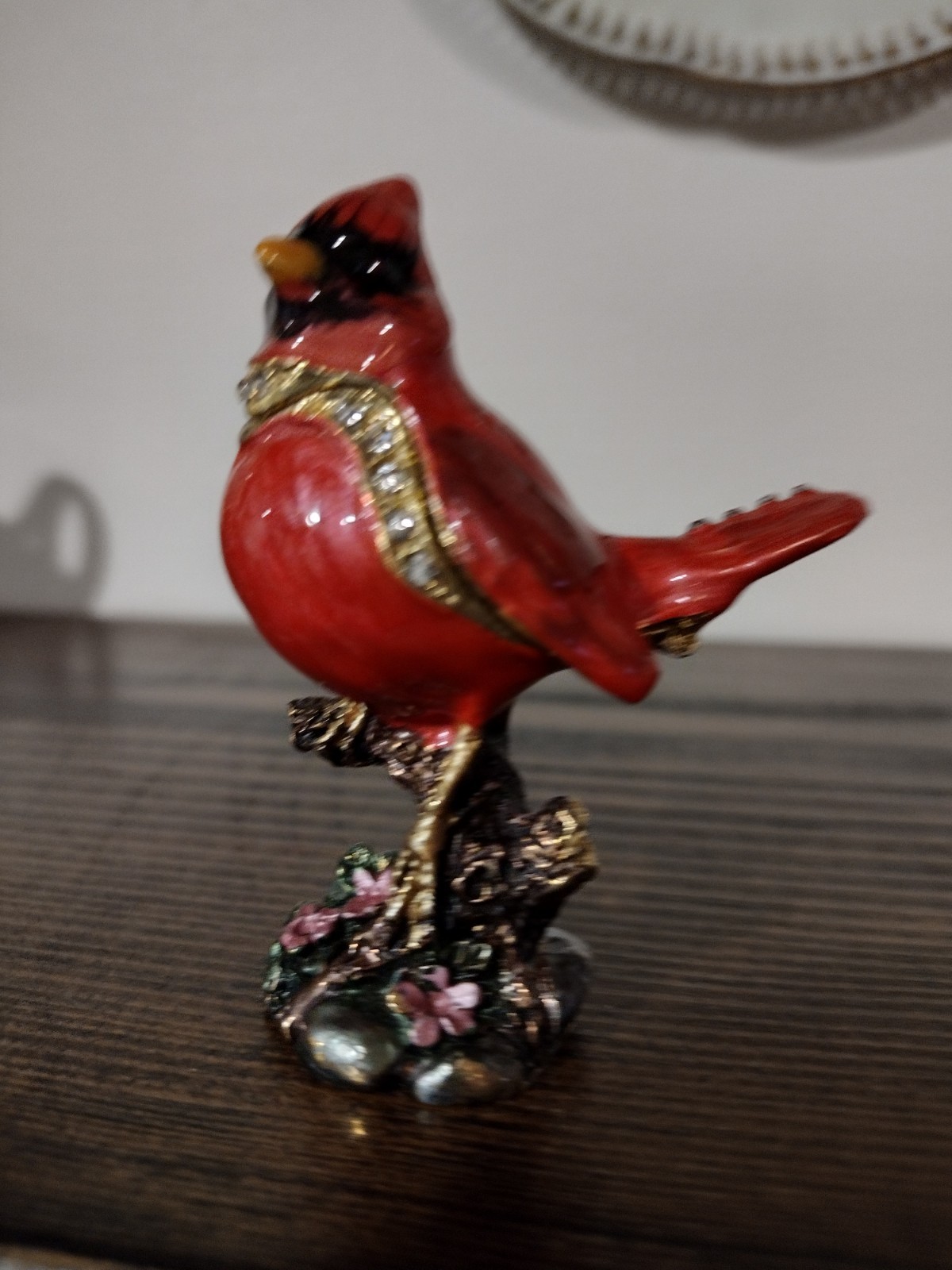 Cardinal Bird trinket Box jeweled enamel  over metal . Great condition