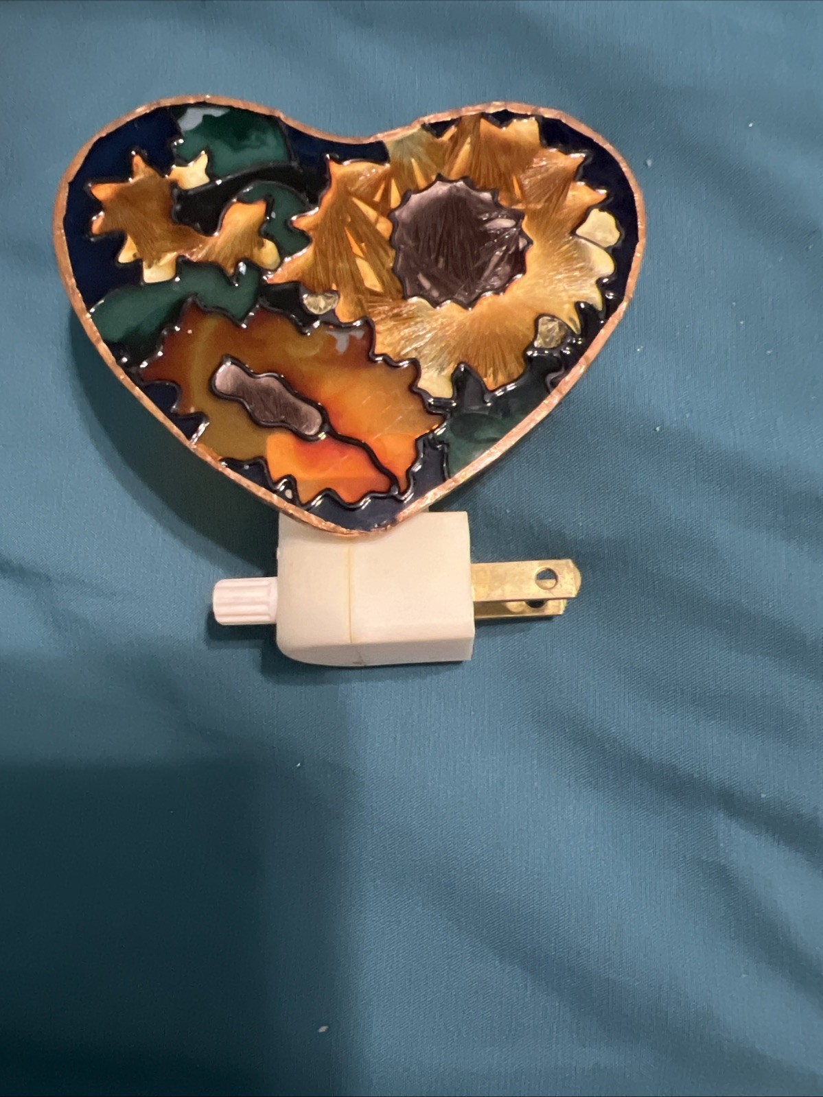 Stained Glass Heart Shaped Night Light Sunflowers *flaw* Untested