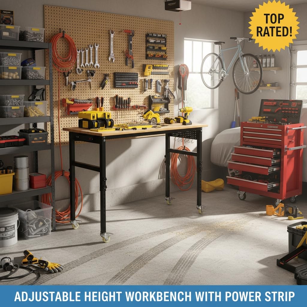 Adjustable Height Workbench 60"x24" Work Bench Table 2000 Lbs with Power Outlet