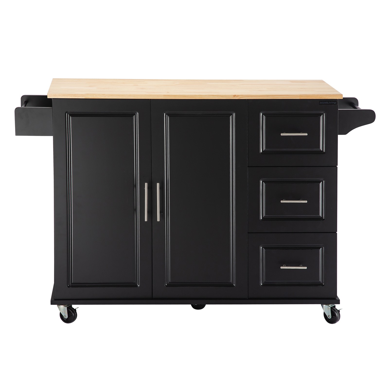 Kitchen Island Cart Rubber Wood Top Big Adjustable Shelf Inside Cabinet Black