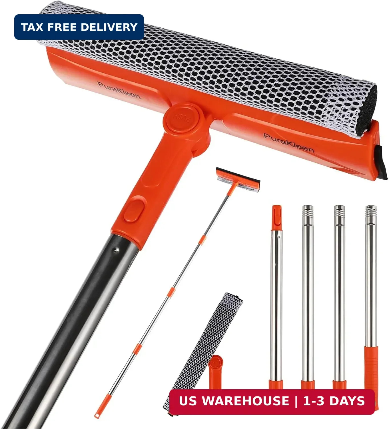 Window Squeegee with 62" Adjustable Stainless Steel Pole -2-in-1 Sponge Scrubber