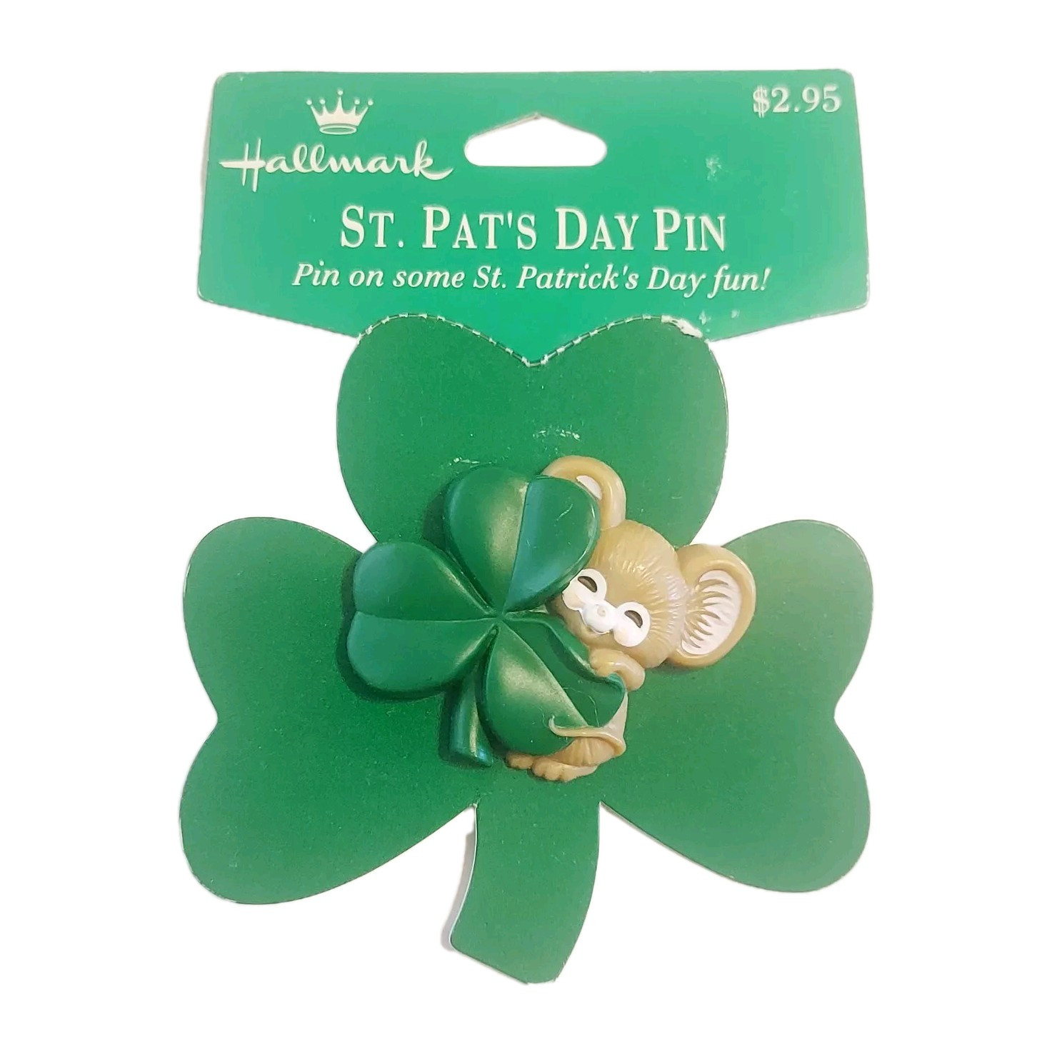 1989 HALLMARK SHAMROCK BROWN MOUSE ST PATRICK'S DAY LAPEL PIN NOC