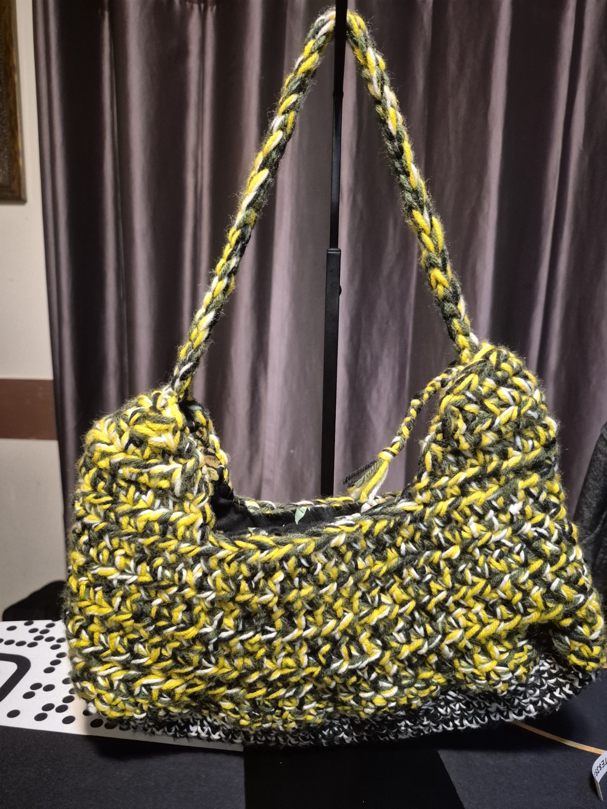 Handmade Knitted Yellow Black Shoulder Bag with Floral Lining