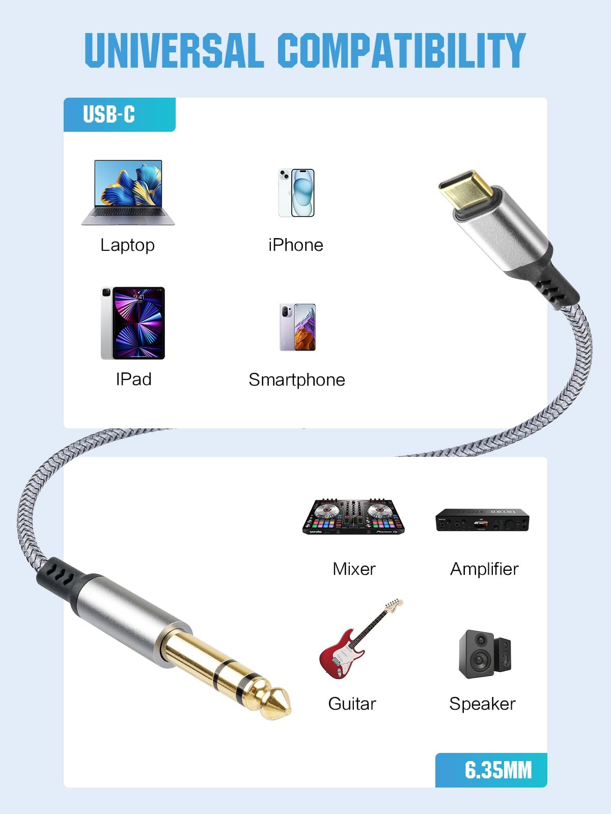 2 Pack USB C to 6.35mm 1/4 inch TRS Cable 6.6FT/2M,Type C Audio...