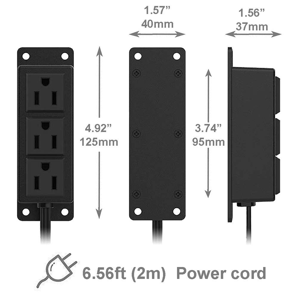 Surface Mounted Power Strip 3 AC Grounded Outlets Mountable Power Strip Socke...