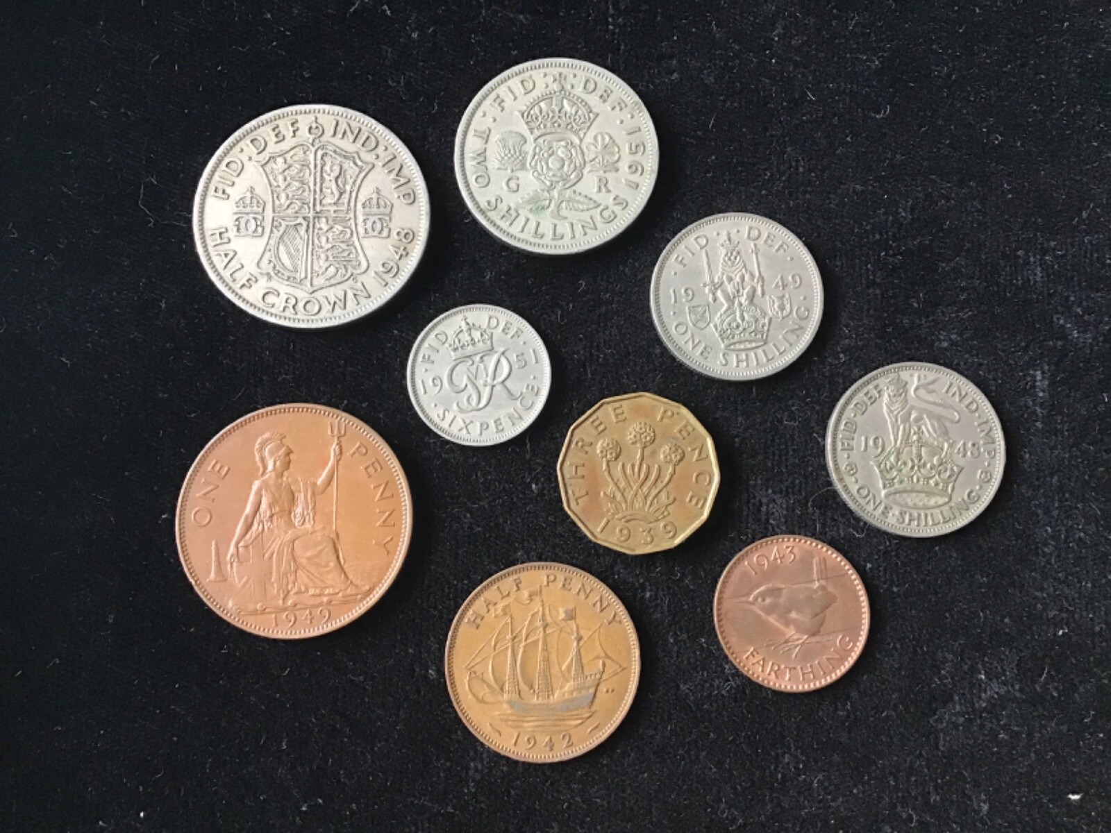 9 British English UK George VI Circulated Pre-Decimal Full Set Random Years 1951