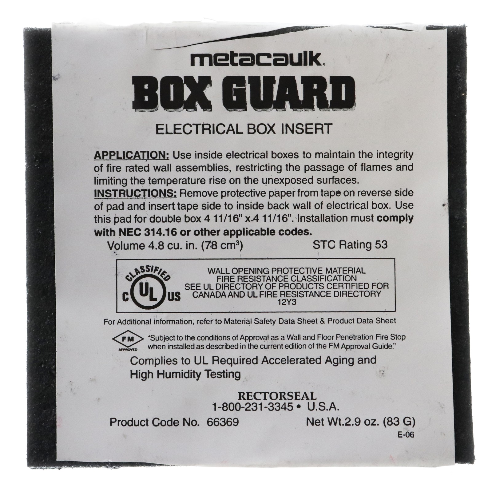 RECTORSEAL 66369 METACAULK ELECTRICAL-BOX FIRE-GUARD INSERT, 4-INCH X 4-INCH