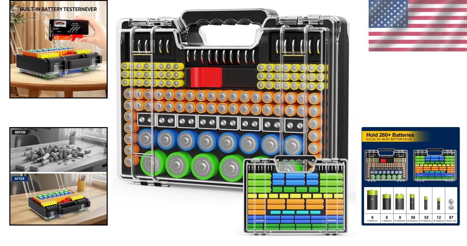 Versatile Battery Storage Organizer - Holds Multiple Sizes and Includes Tester