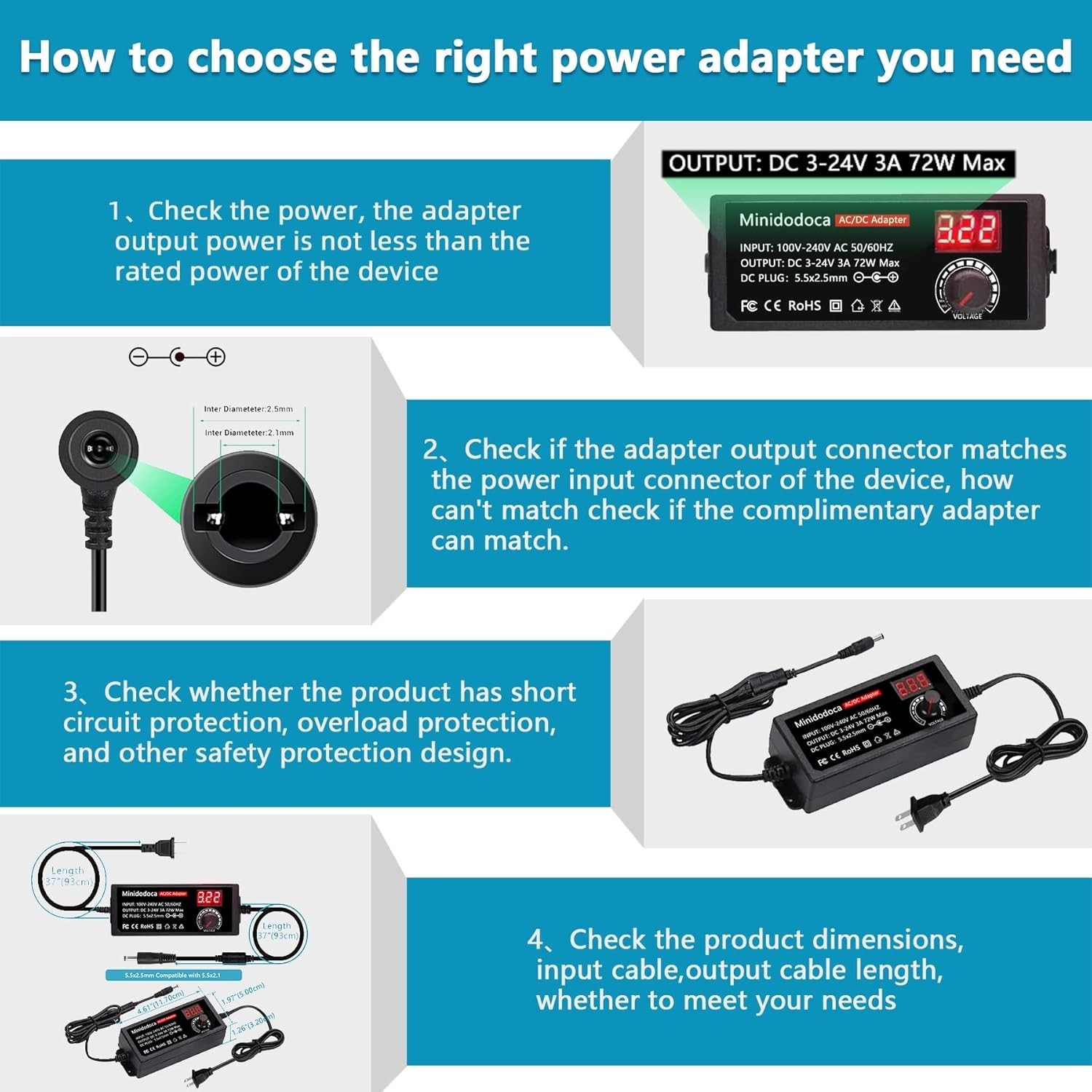 72W Power Supply Adjustable 3V ~ 24V Variable Universal Switching AC/DC Adapter