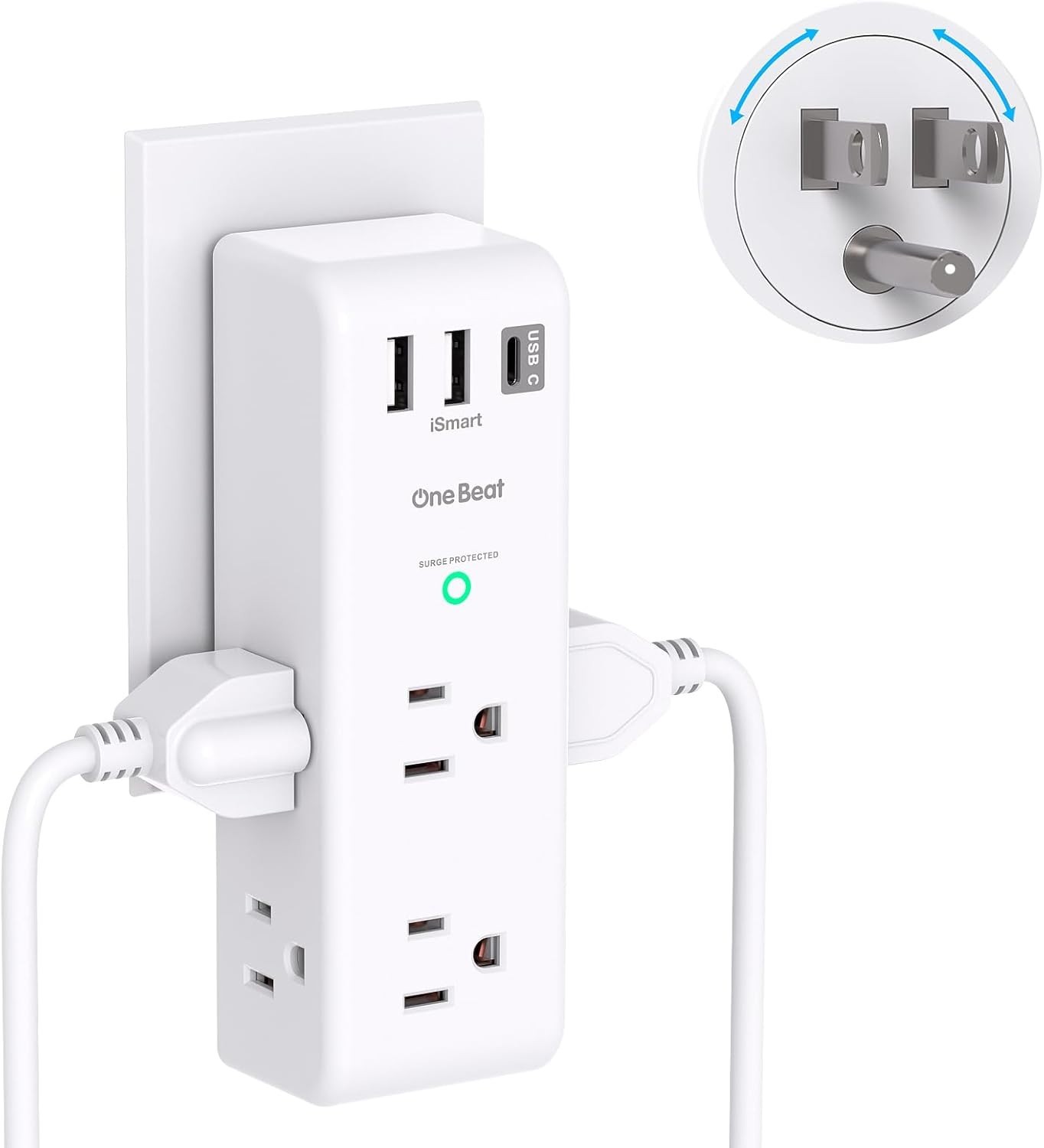 3-Sided Surge Protector with 6 AC Outlets & Rotating Plug for Home & Travel
