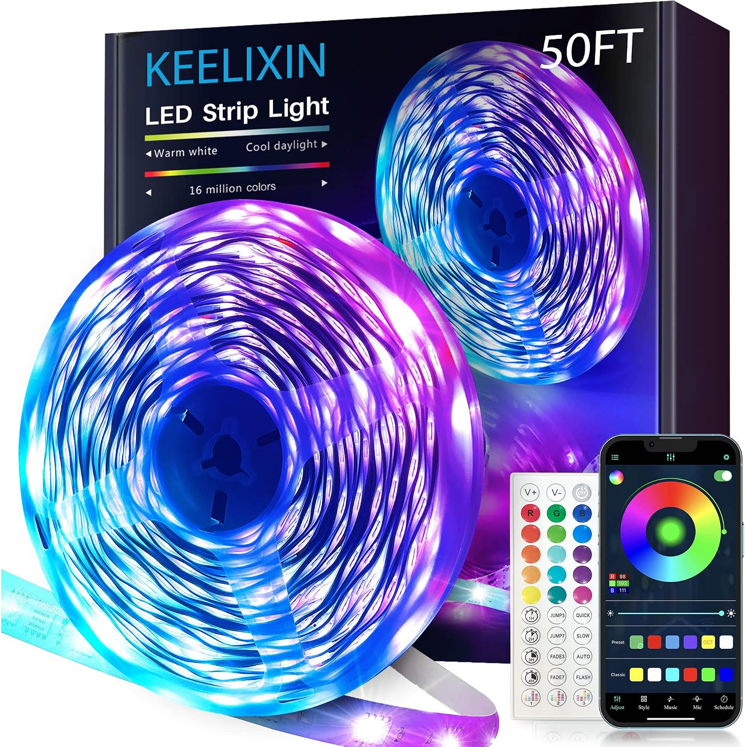 LED Lights Music Sync RGB LED Strip Lights with APP & Remote Control (50Ft)