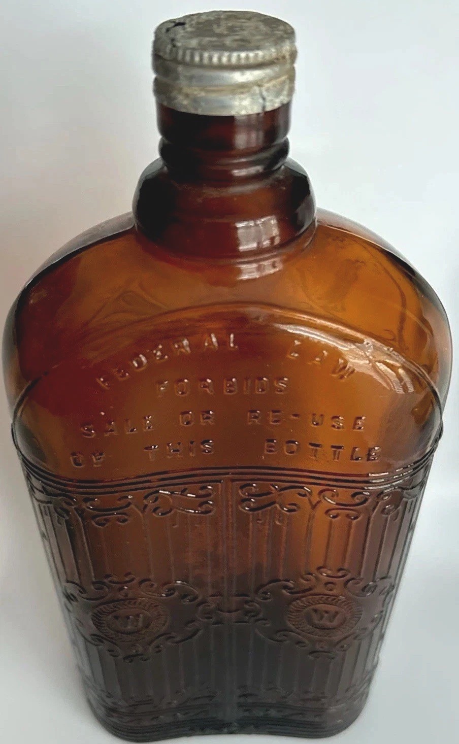 Miriam Walker Amber Whiskey Bottle 1930s Federal Law Prohibits Embossed
