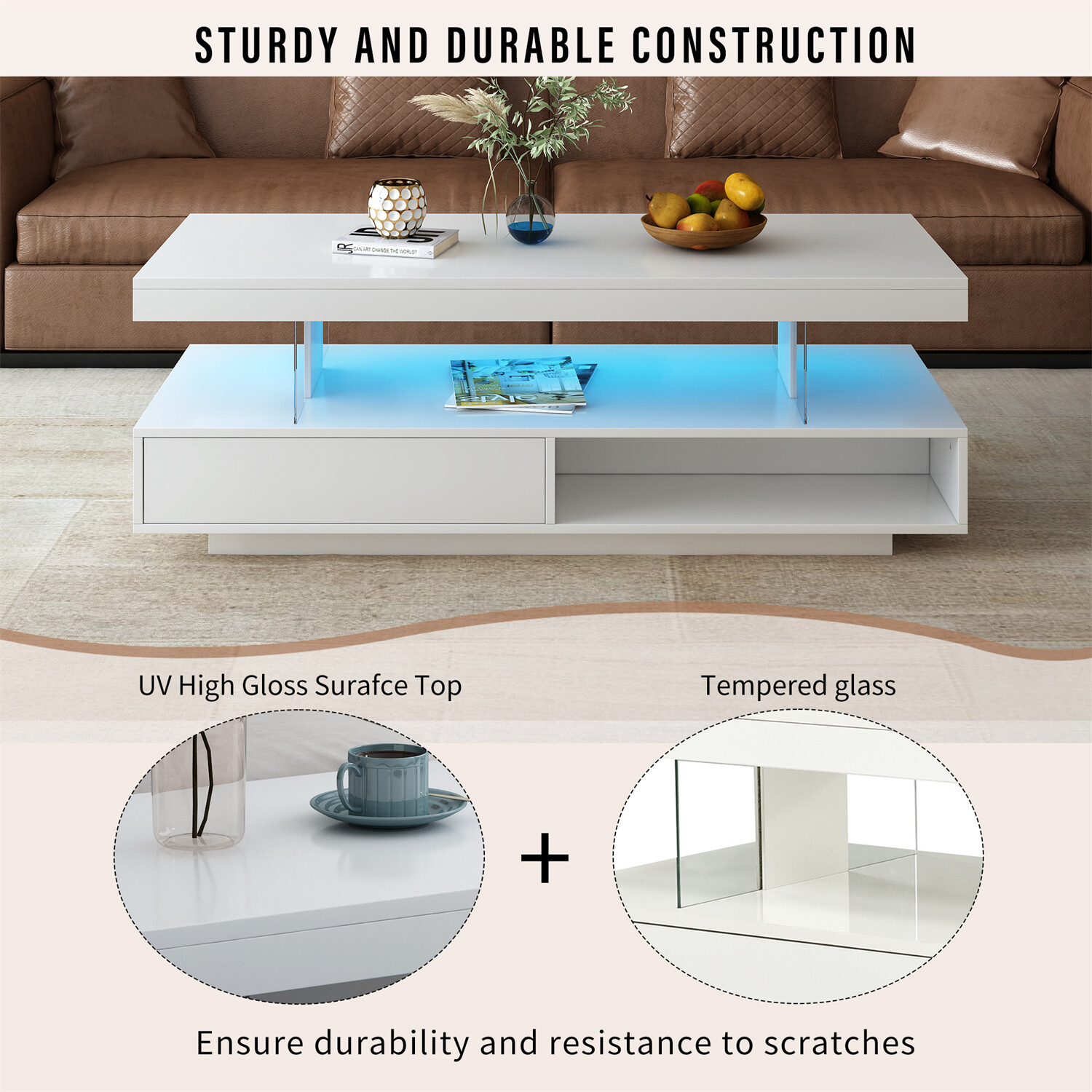 High Gloss LED Coffee Table Modern Side End Table w/ LED Lights & 2 Drawers US