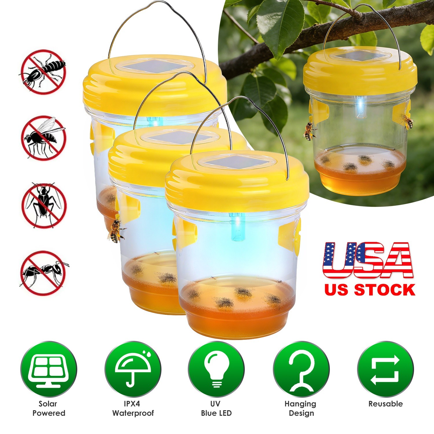 3PCS Solar Wasp Traps Outdoor Hanging Solar w/ UV Light for Wasps Yellow Jackets