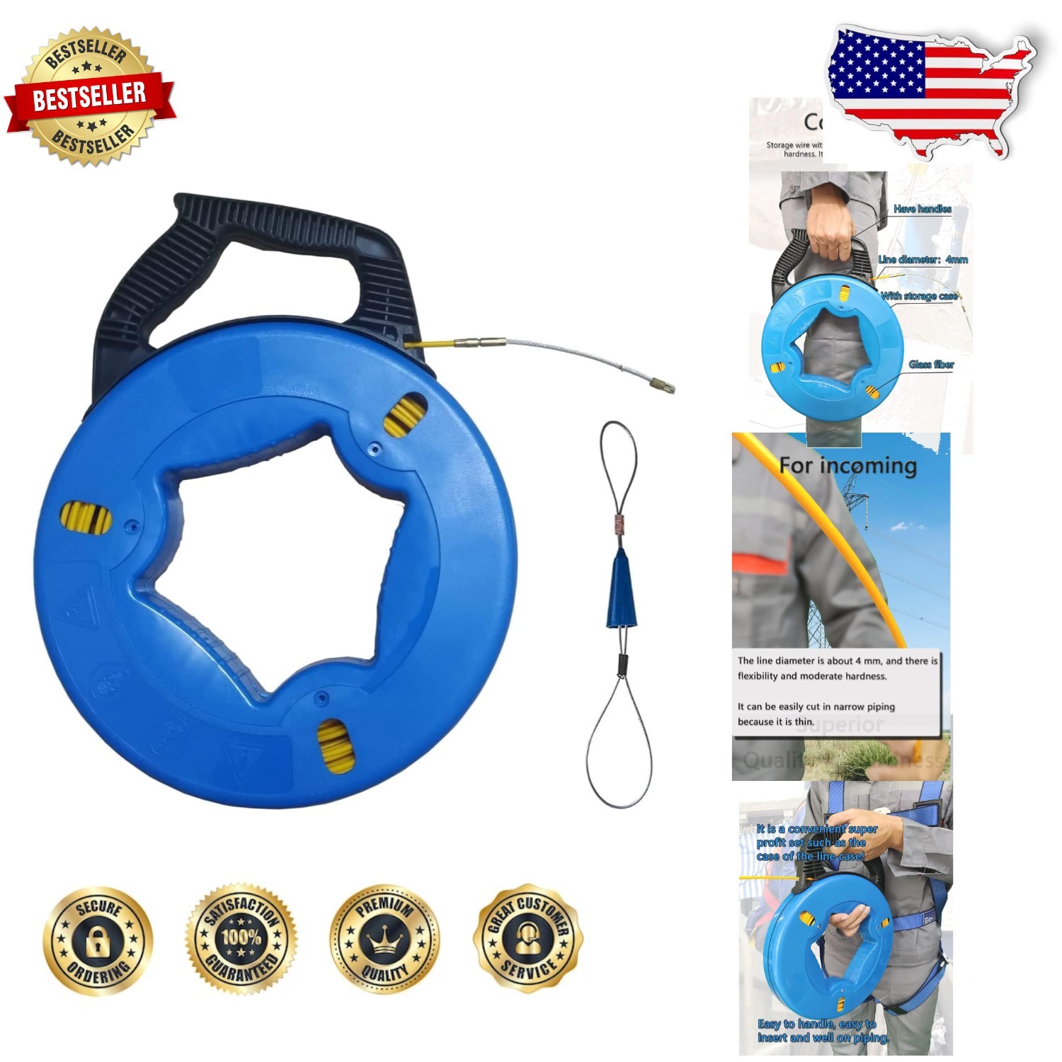 Professional 200ft Fish Tape - Flexible 1/6" Steel Wire Puller w/ Storage Case