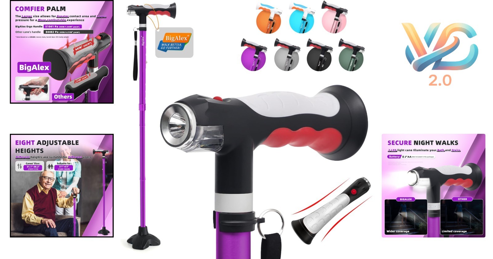 Adjustable Folding Walking Cane with 2 LED Lights Rubber Base Purple