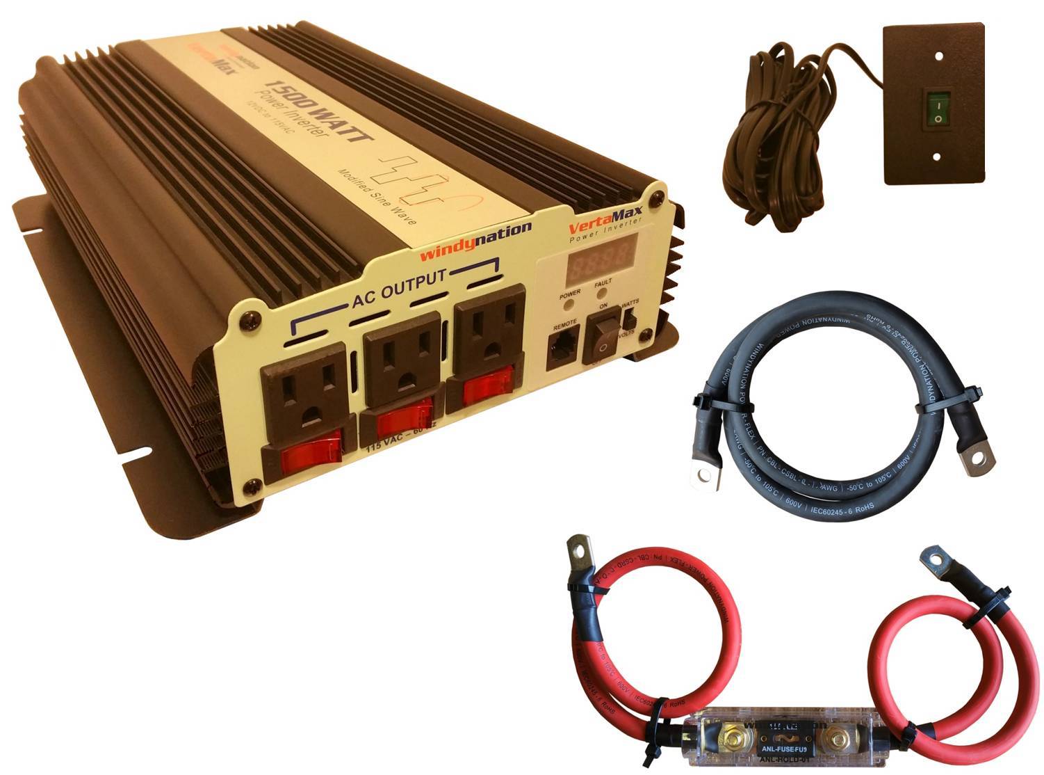 VertaMax 1500 Watt Modified Wave Power Inverter + Cables + Fuse + ON/OFF Remote