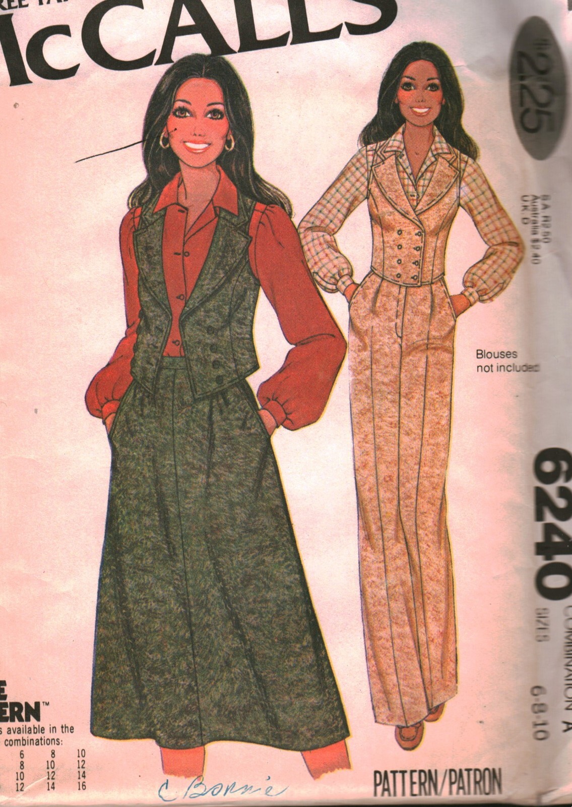 6240 Vintage McCalls Sewing Pattern Misses Double Breasted Vest Skirt Pants FF