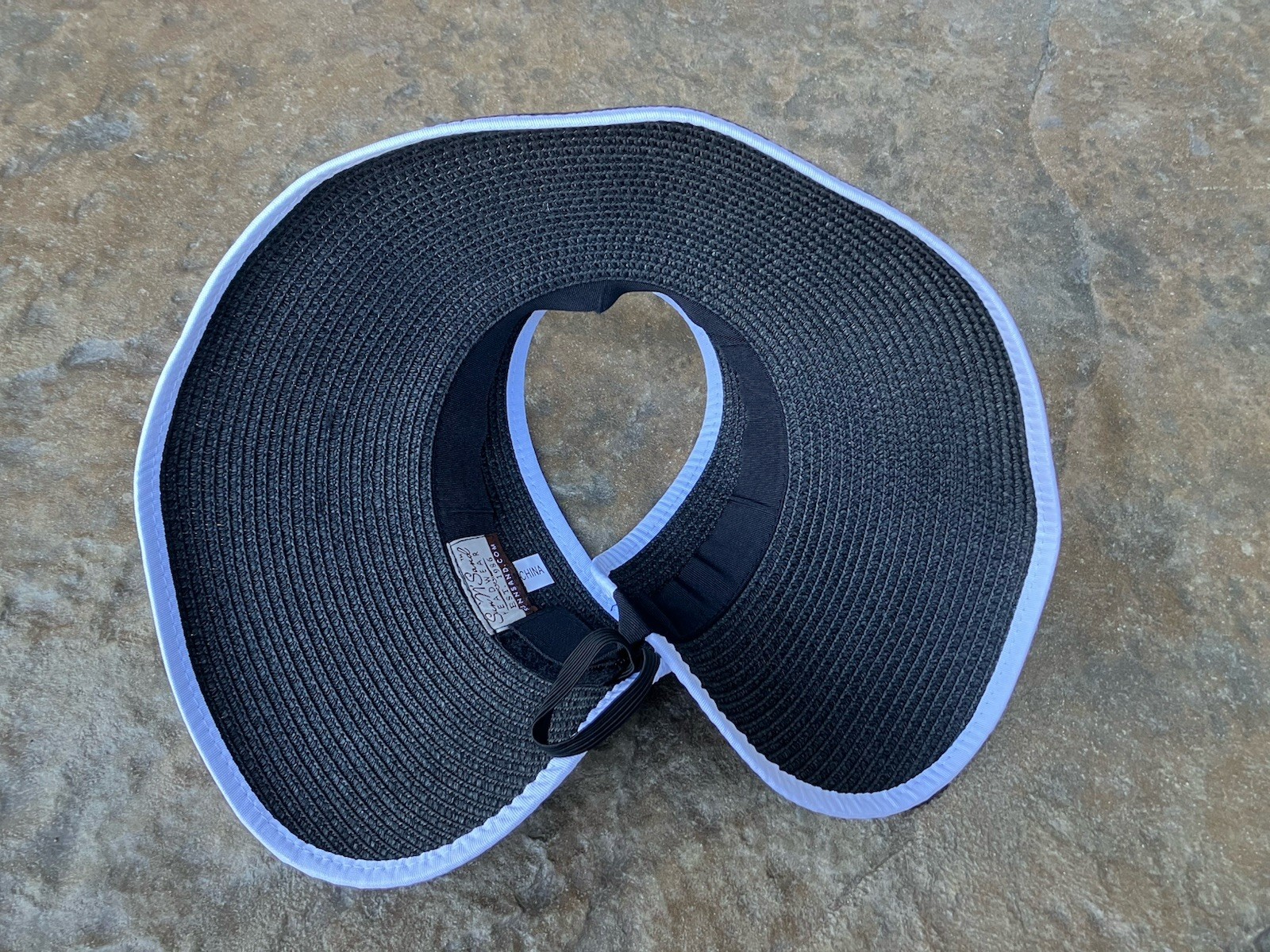 Sun N Sand Headwear Paper Braid Roll Up Visor Hat Black White Wide Brim Packable